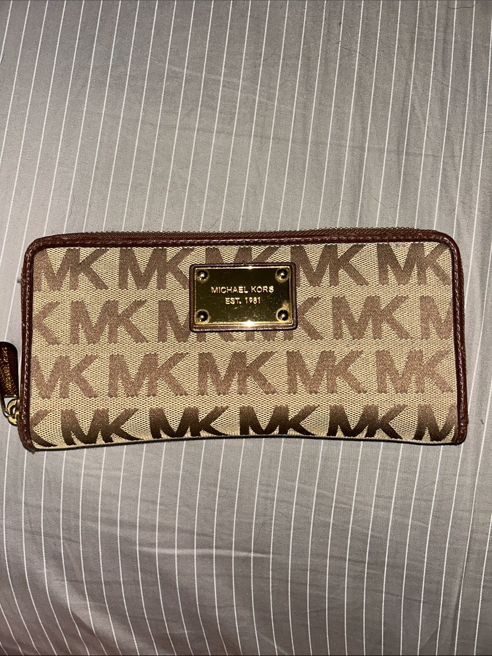 Michael Kors Beige and Brown MK Signature Zip Wallet